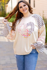 Beige Plaid Floral Peace Heart Graphic Wide Long Sleeve Top - MarkoFit