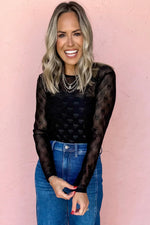 Black Mesh Bow Pattern Long Sleeve Top - MarkoFit