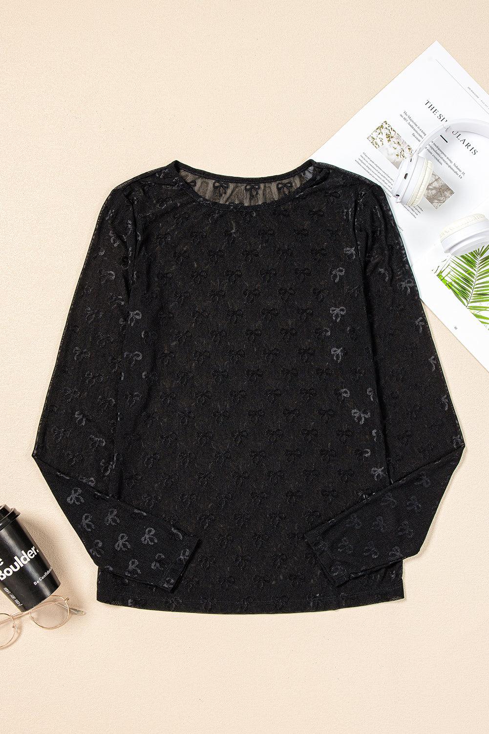 Black Mesh Bow Pattern Long Sleeve Top - MarkoFit