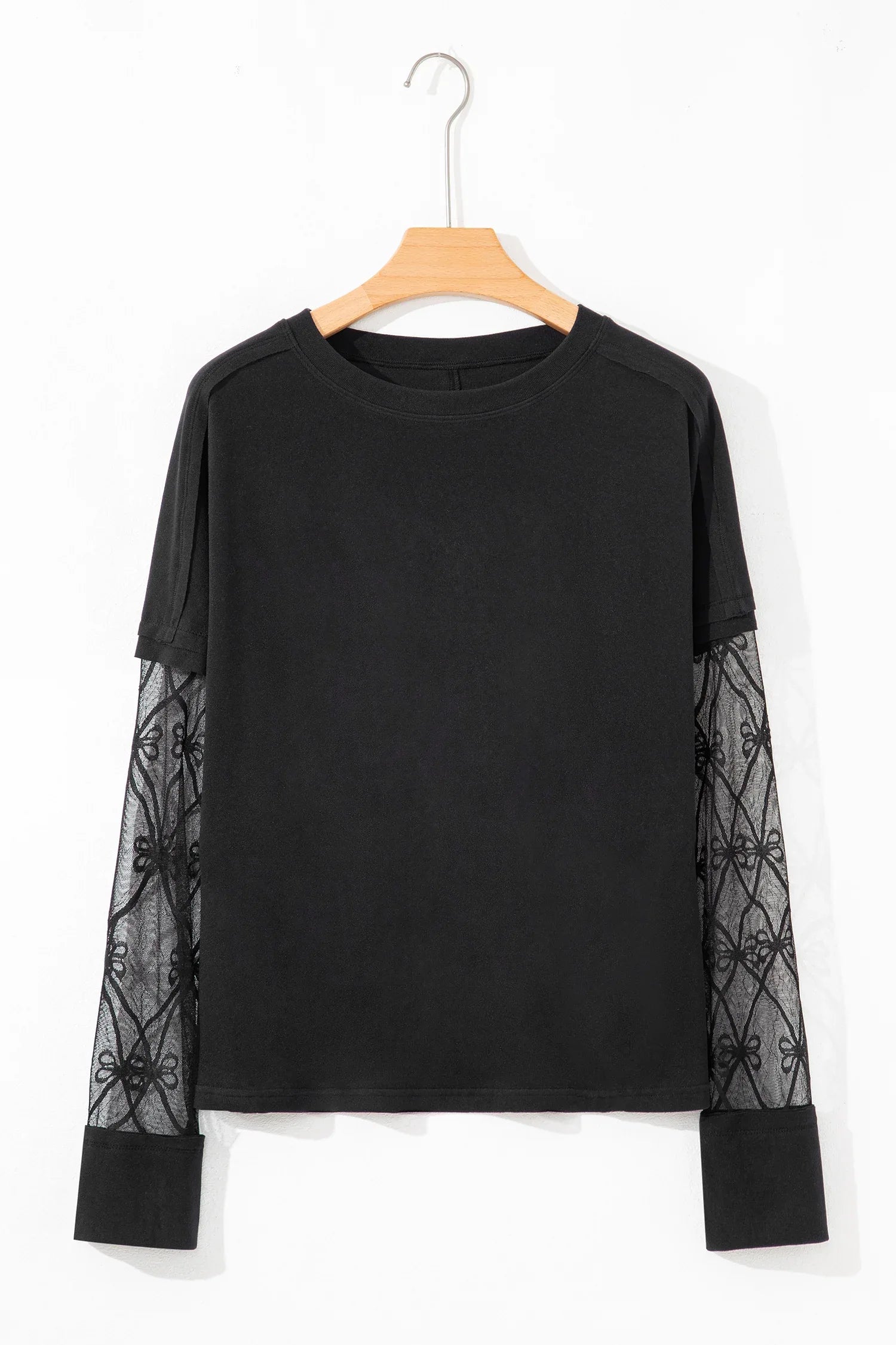 Black Solid Color Bow Textured Patchwork Long Sleeve Tee - MarkoFit