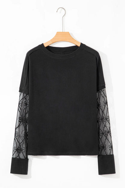 Black Solid Color Bow Textured Patchwork Long Sleeve Tee - MarkoFit