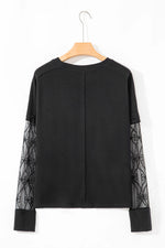 Black Solid Color Bow Textured Patchwork Long Sleeve Tee - MarkoFit