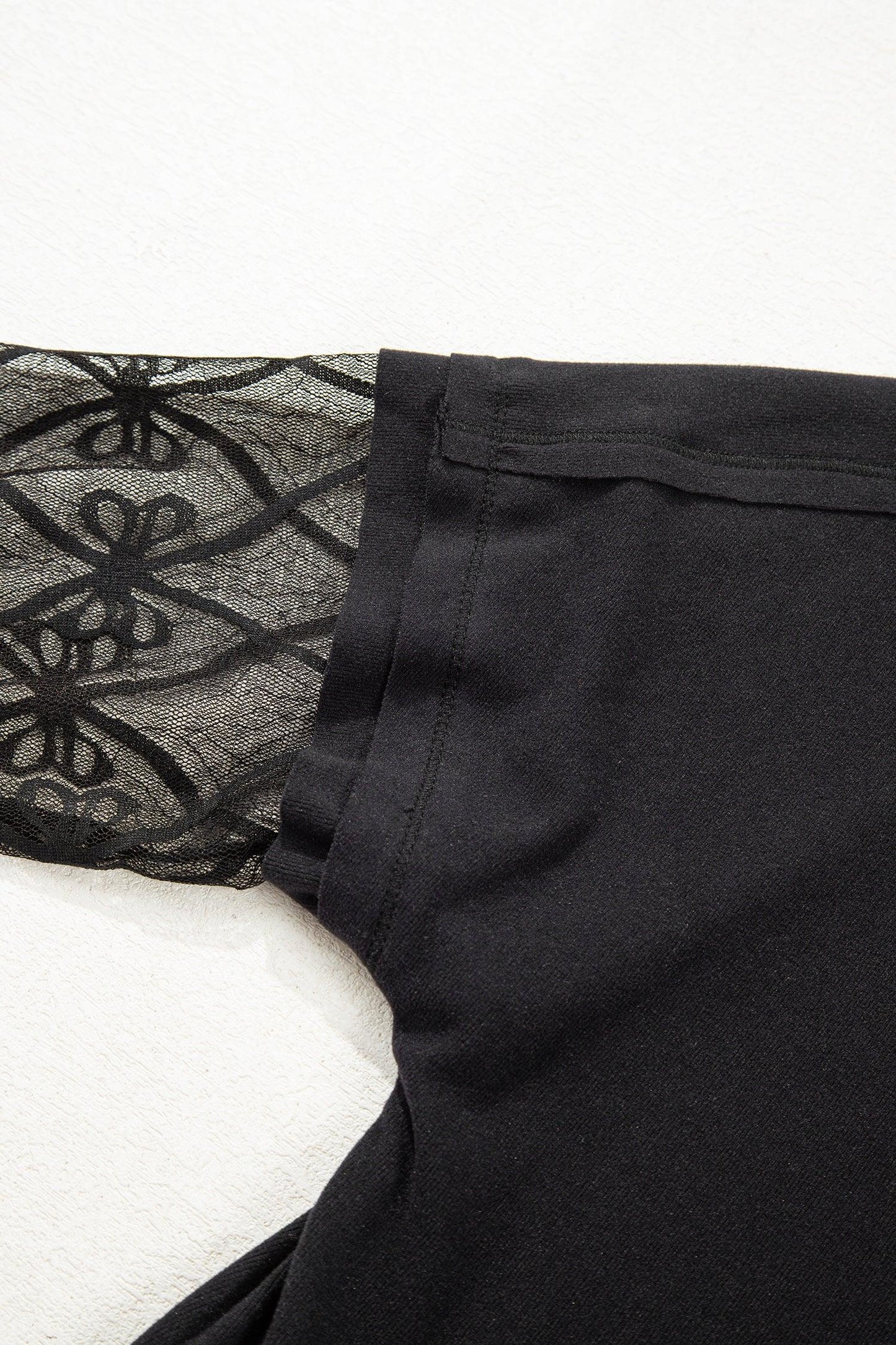 Black Solid Color Bow Textured Patchwork Long Sleeve Tee - MarkoFit