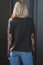 Black Solid Color Bow Textured Patchwork Long Sleeve Tee - MarkoFit