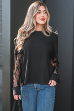 Black Solid Color Bow Textured Patchwork Long Sleeve Tee - MarkoFit