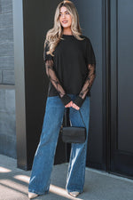Black Solid Color Bow Textured Patchwork Long Sleeve Tee - MarkoFit