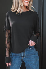 Black Solid Color Bow Textured Patchwork Long Sleeve Tee - MarkoFit