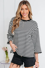 Black Striped Print Drop Shoulder Lace Trim Bracelet Sleeve Loose Top - MarkoFit