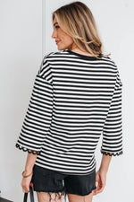 Black Striped Print Drop Shoulder Lace Trim Bracelet Sleeve Loose Top - MarkoFit