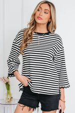 Black Striped Print Drop Shoulder Lace Trim Bracelet Sleeve Loose Top - MarkoFit