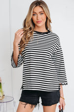 Black Striped Print Drop Shoulder Lace Trim Bracelet Sleeve Loose Top - MarkoFit