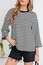 Black Striped Print Drop Shoulder Lace Trim Bracelet Sleeve Loose Top - MarkoFit