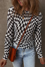Black Checkered Pattern Mesh Mock Neck Long Sleeve Top - MarkoFit