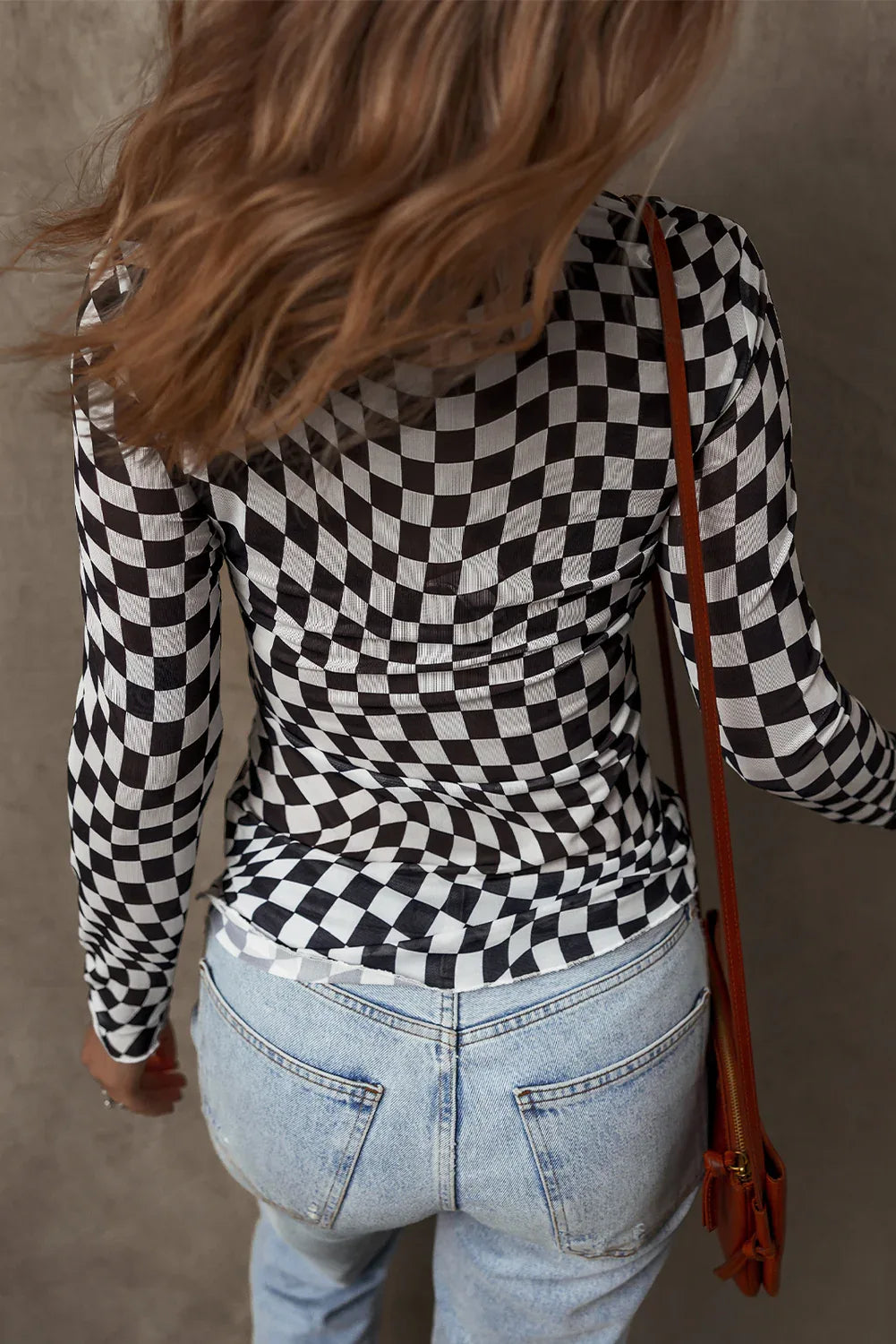 Black Checkered Pattern Mesh Mock Neck Long Sleeve Top - MarkoFit