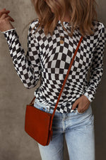 Black Checkered Pattern Mesh Mock Neck Long Sleeve Top - MarkoFit