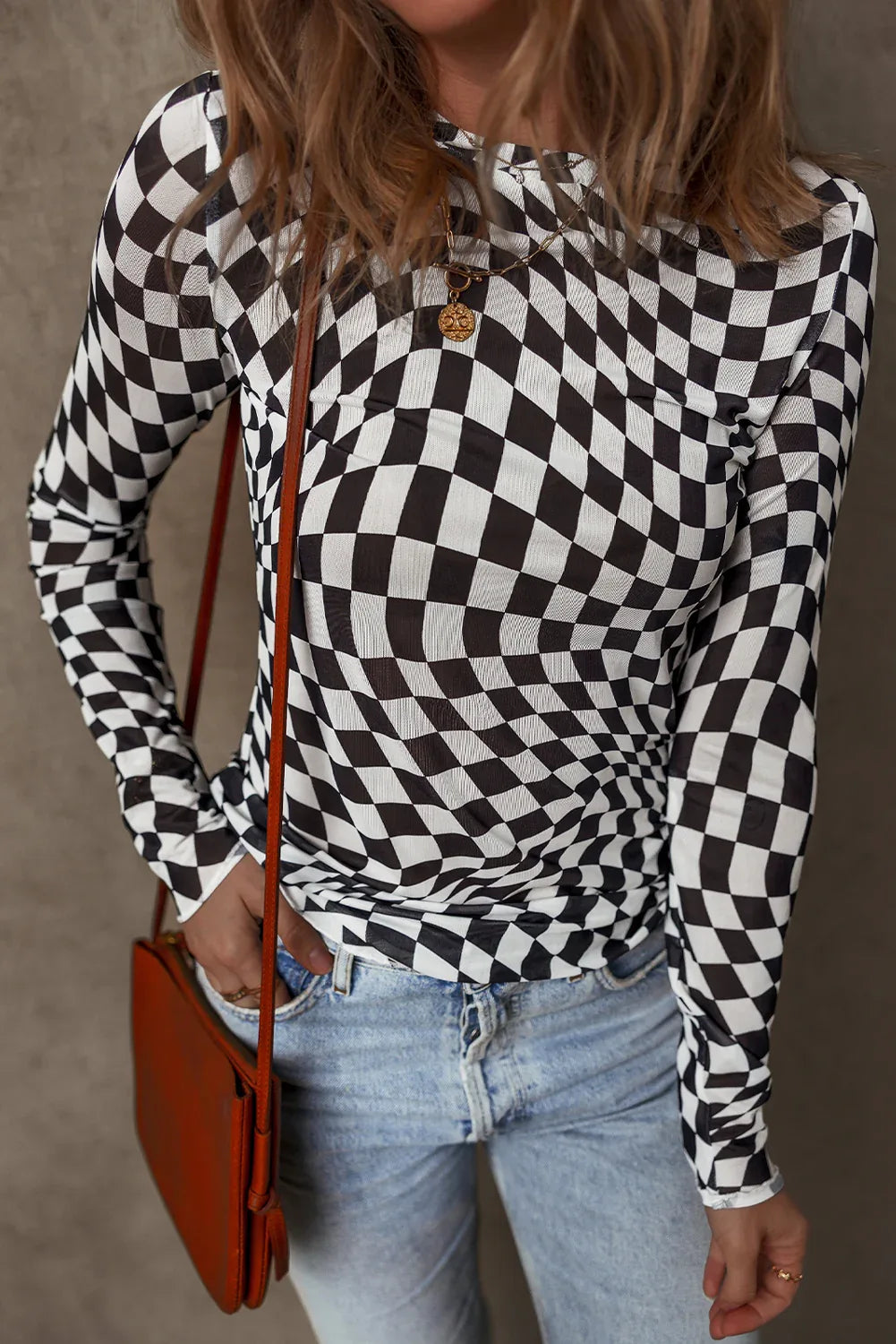 Black Checkered Pattern Mesh Mock Neck Long Sleeve Top - MarkoFit