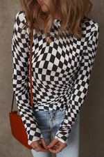 Black Checkered Pattern Mesh Mock Neck Long Sleeve Top - MarkoFit