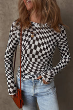 Black Checkered Pattern Mesh Mock Neck Long Sleeve Top - MarkoFit