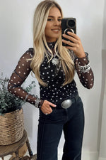 Black Polka Dot Patterned Bodycon Mock Neck Mesh Long Sleeve Top - MarkoFit