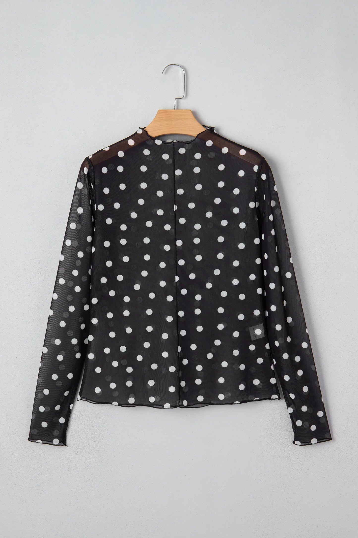 Black Polka Dot Patterned Bodycon Mock Neck Mesh Long Sleeve Top - MarkoFit