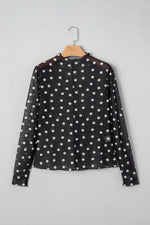 Black Polka Dot Patterned Bodycon Mock Neck Mesh Long Sleeve Top - MarkoFit