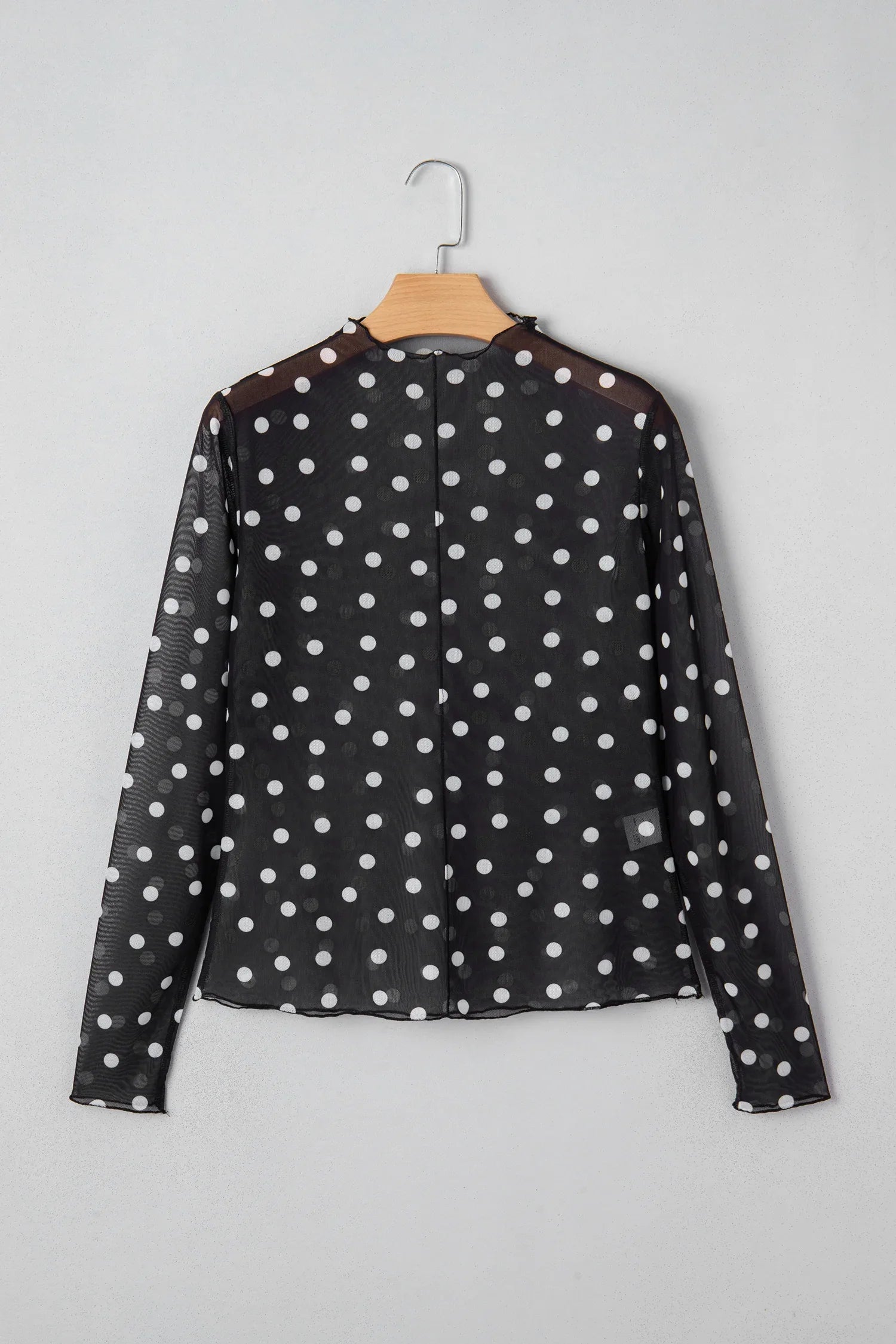 Black Polka Dot Patterned Bodycon Mock Neck Mesh Long Sleeve Top - MarkoFit