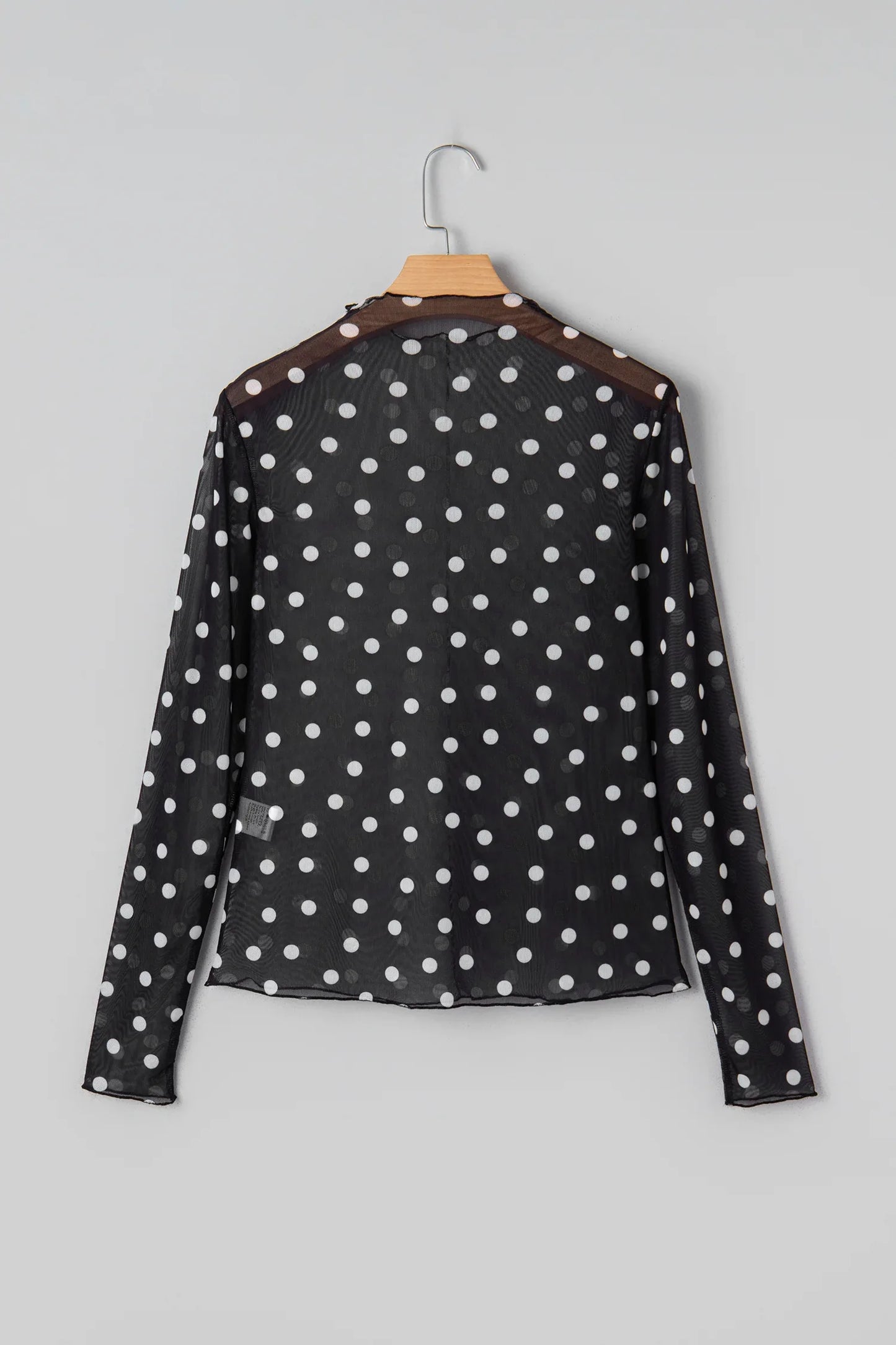 Black Polka Dot Patterned Bodycon Mock Neck Mesh Long Sleeve Top - MarkoFit