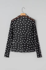 Black Polka Dot Patterned Bodycon Mock Neck Mesh Long Sleeve Top - MarkoFit
