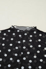 Black Polka Dot Patterned Bodycon Mock Neck Mesh Long Sleeve Top - MarkoFit