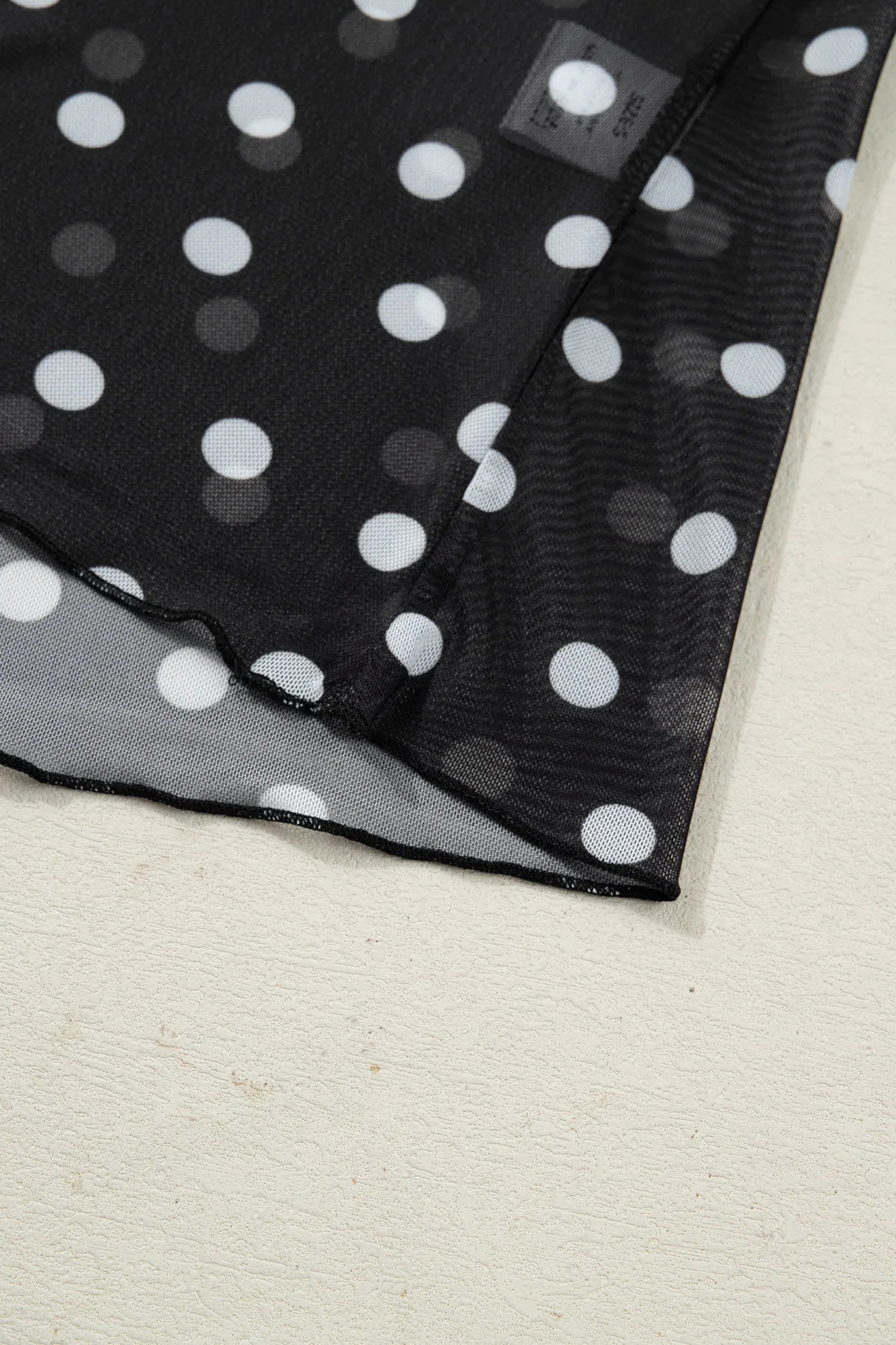 Black Polka Dot Patterned Bodycon Mock Neck Mesh Long Sleeve Top - MarkoFit