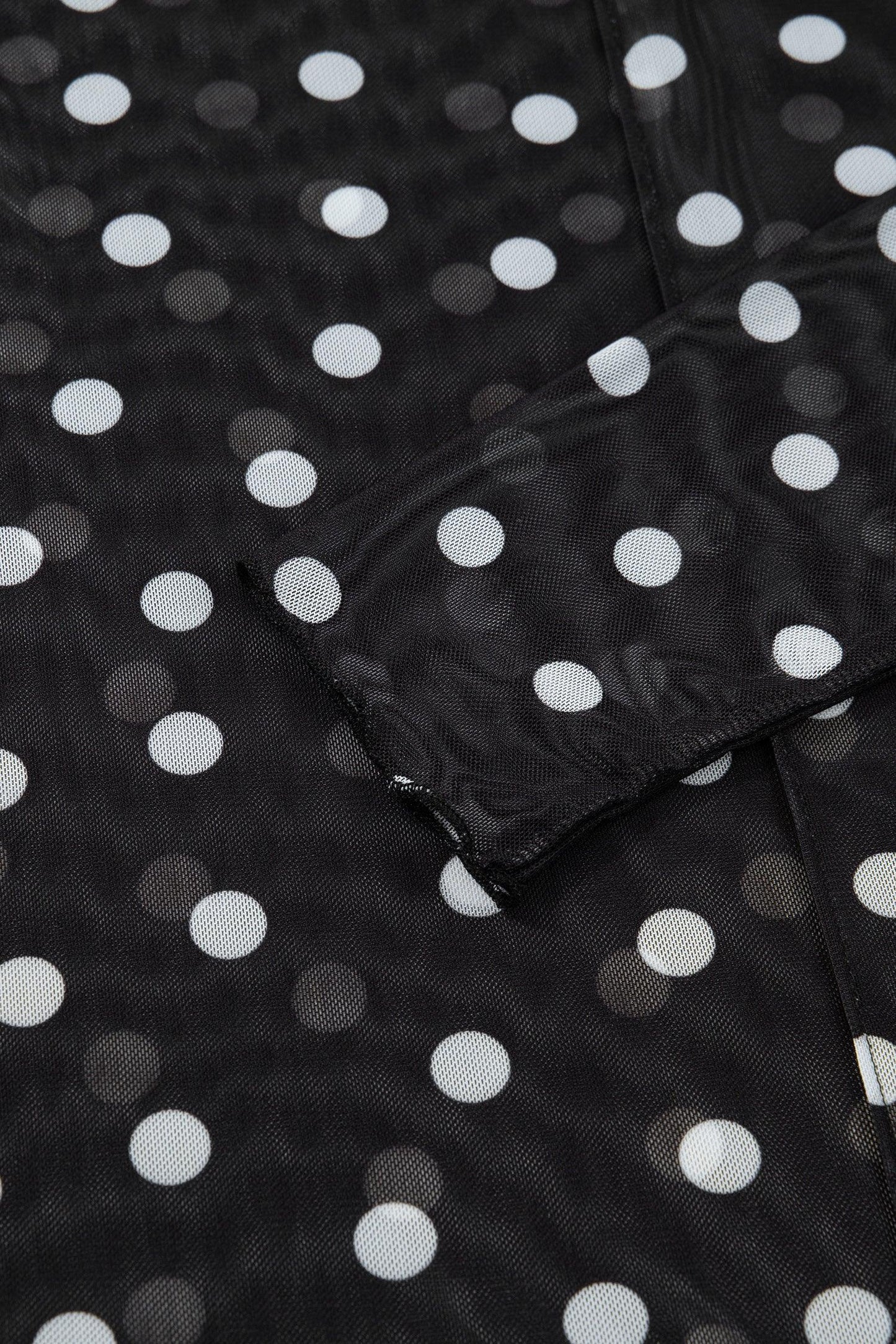 Black Polka Dot Patterned Bodycon Mock Neck Mesh Long Sleeve Top - MarkoFit