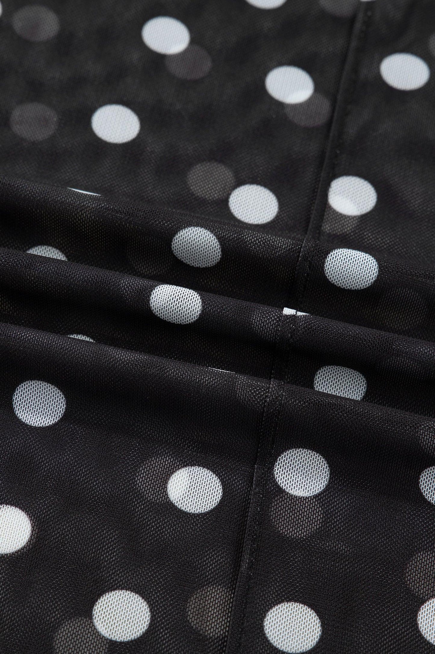 Black Polka Dot Patterned Bodycon Mock Neck Mesh Long Sleeve Top - MarkoFit