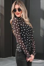 Black Polka Dot Patterned Bodycon Mock Neck Mesh Long Sleeve Top - MarkoFit