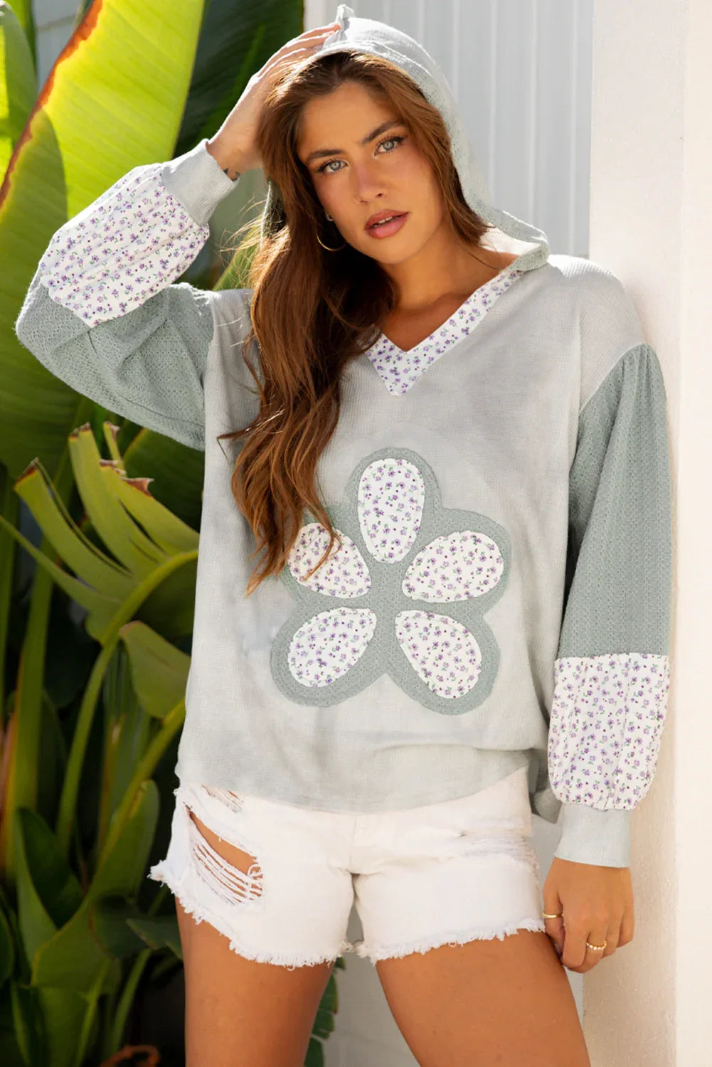 Green Floral Patched Waffle Textured Colorblock V Neck Casual Hooded Top - MarkoFit