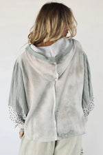 Green Floral Patched Waffle Textured Colorblock V Neck Casual Hooded Top - MarkoFit