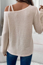 Jet Stream Solid Color Textured Knit Asymmetric Shoulder Long Sleeve Top - MarkoFit