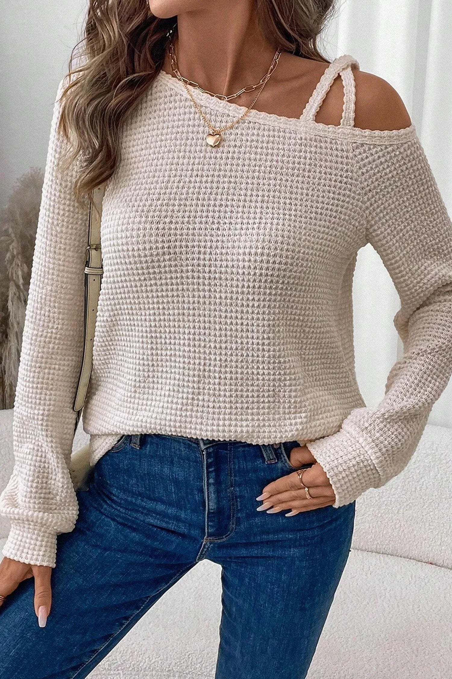 Jet Stream Solid Color Textured Knit Asymmetric Shoulder Long Sleeve Top - MarkoFit
