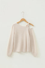 Jet Stream Solid Color Textured Knit Asymmetric Shoulder Long Sleeve Top - MarkoFit