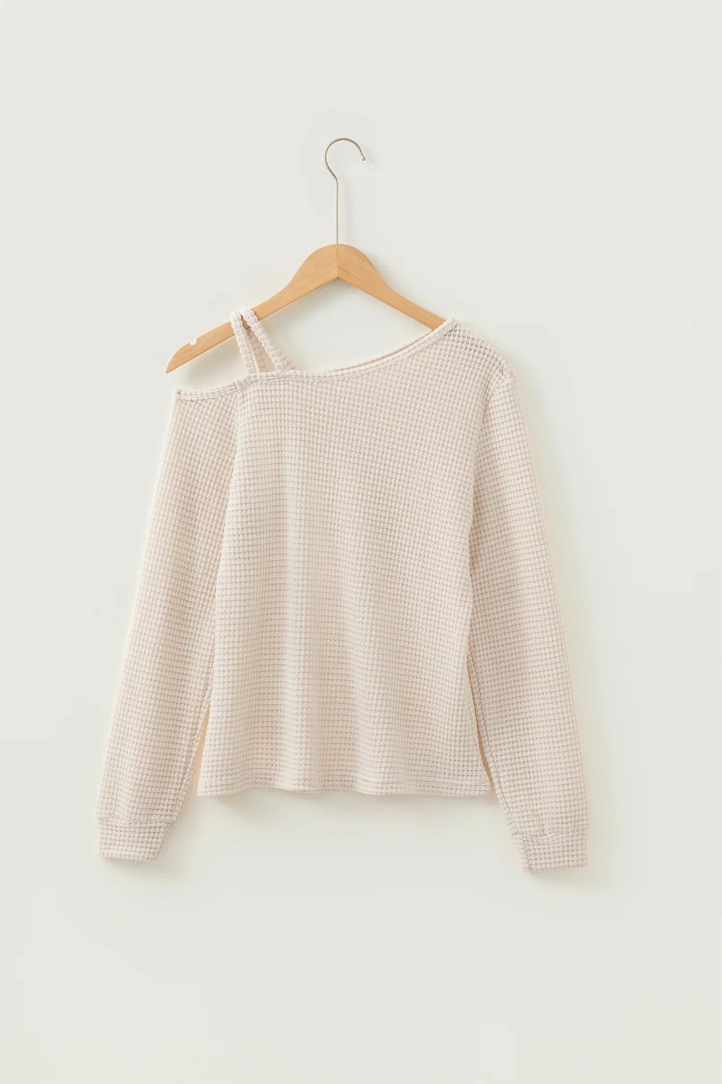 Jet Stream Solid Color Textured Knit Asymmetric Shoulder Long Sleeve Top - MarkoFit