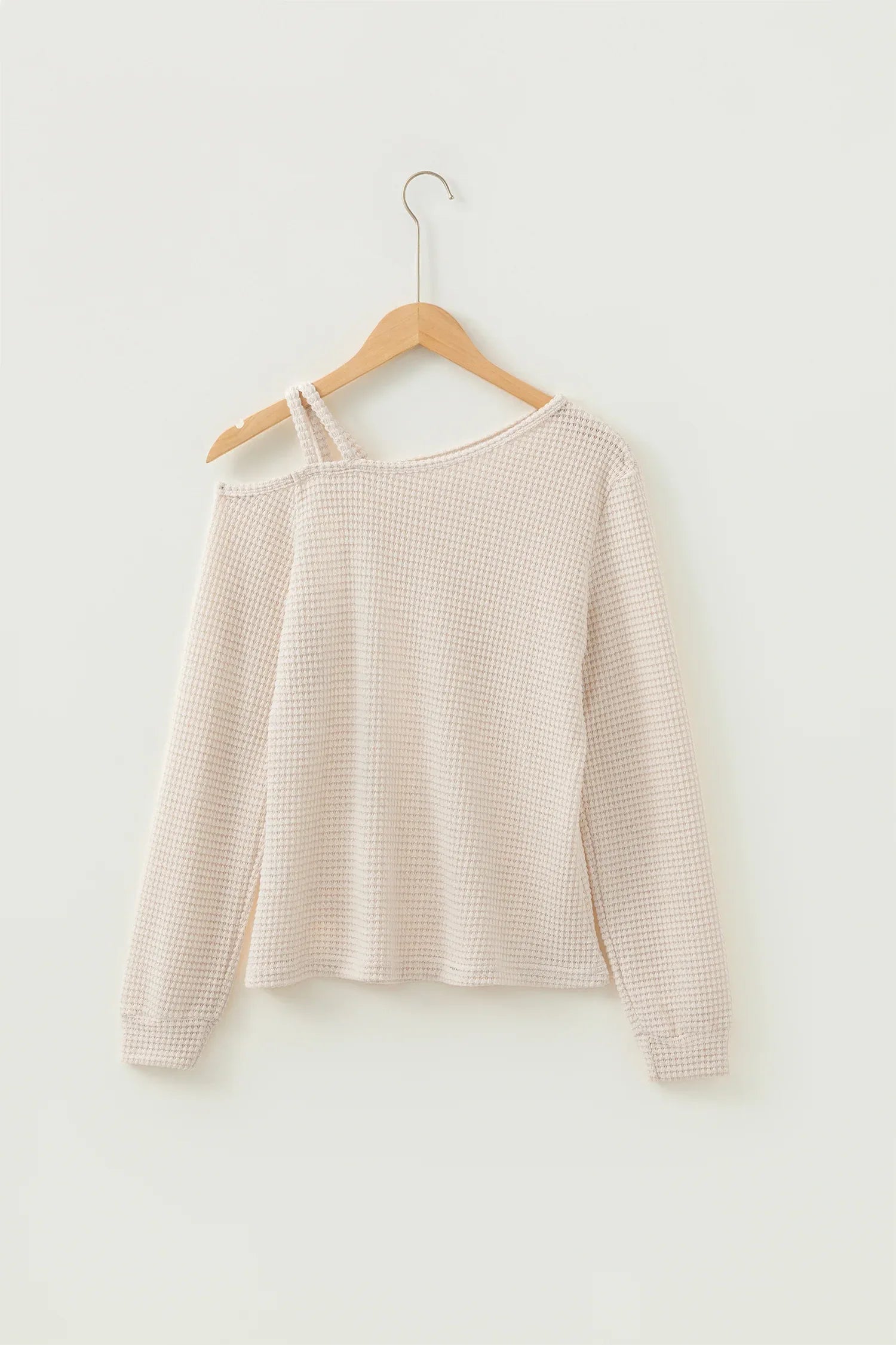 Jet Stream Solid Color Textured Knit Asymmetric Shoulder Long Sleeve Top - MarkoFit