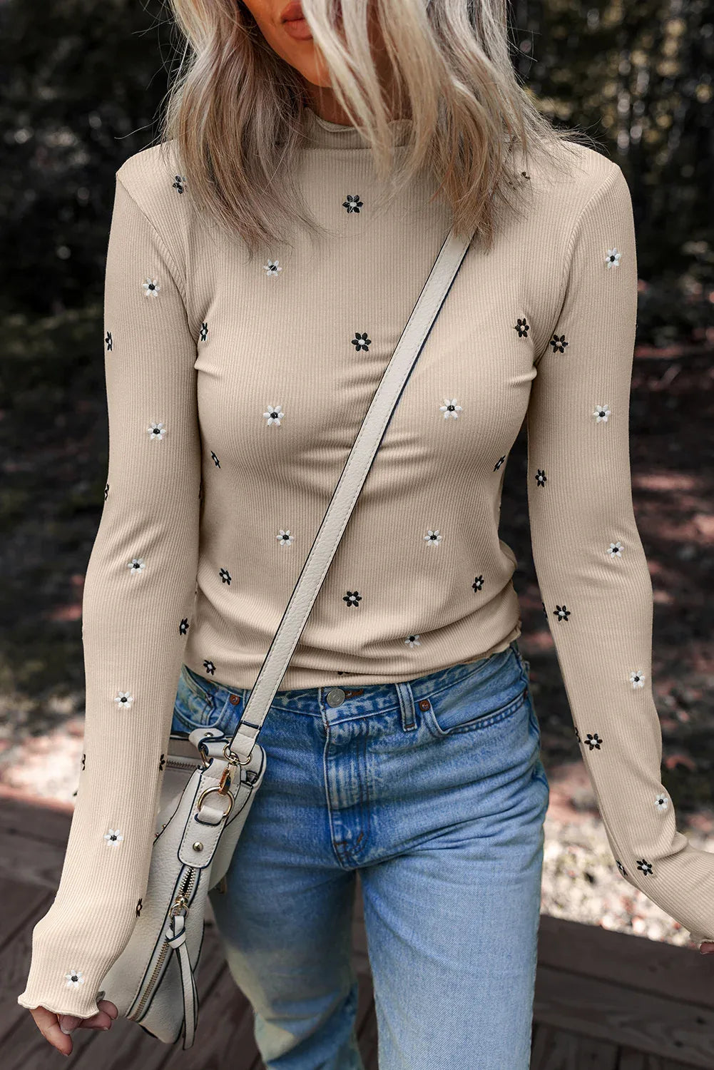 Jet Stream Floral Embroidered Detail Ribbed Long Sleeve Top - MarkoFit