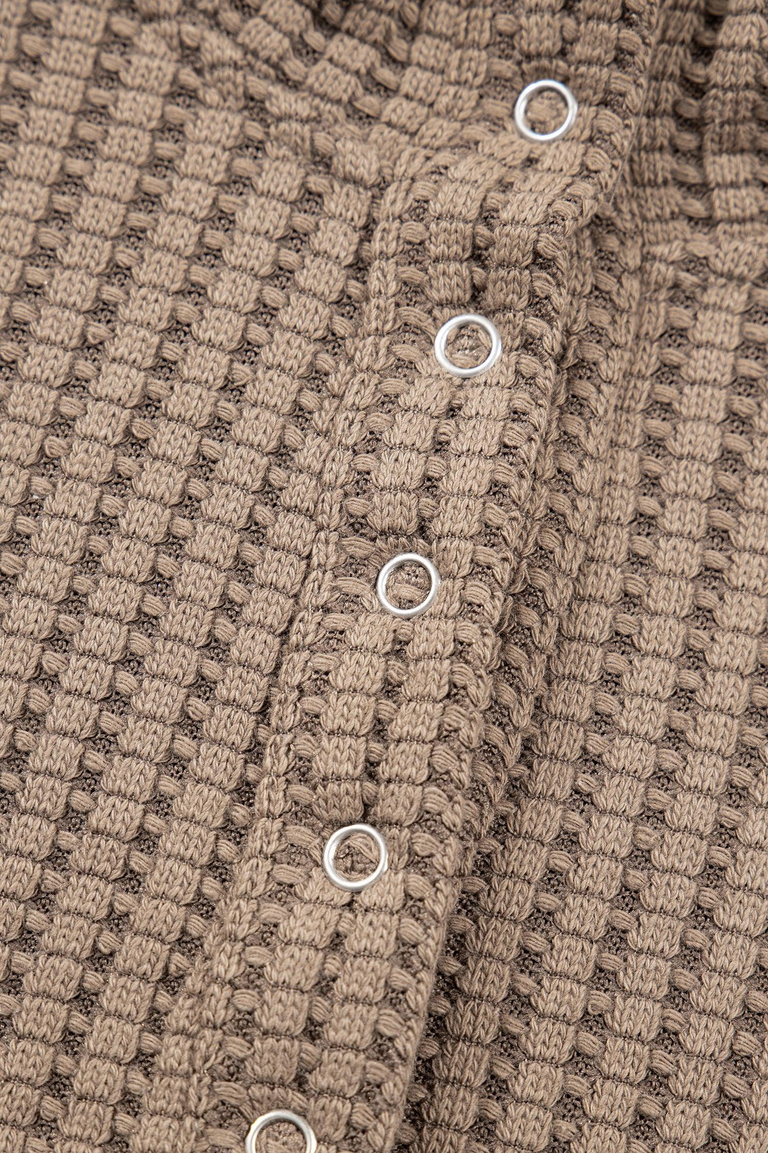 Casual Solid Color Textured Snap Button Collared Baggy Top - MarkoFit