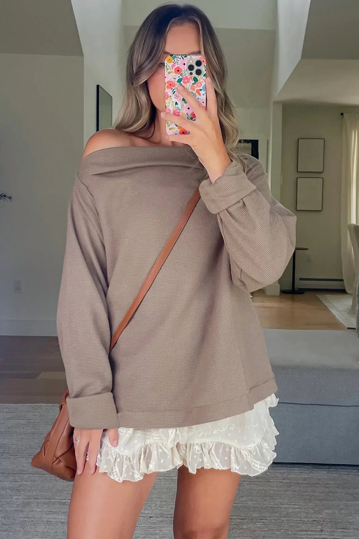 Old Rose Solid Color Waffle Knit Asymmetric Neck Long Sleeve Top - MarkoFit
