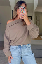 Old Rose Solid Color Waffle Knit Asymmetric Neck Long Sleeve Top - MarkoFit
