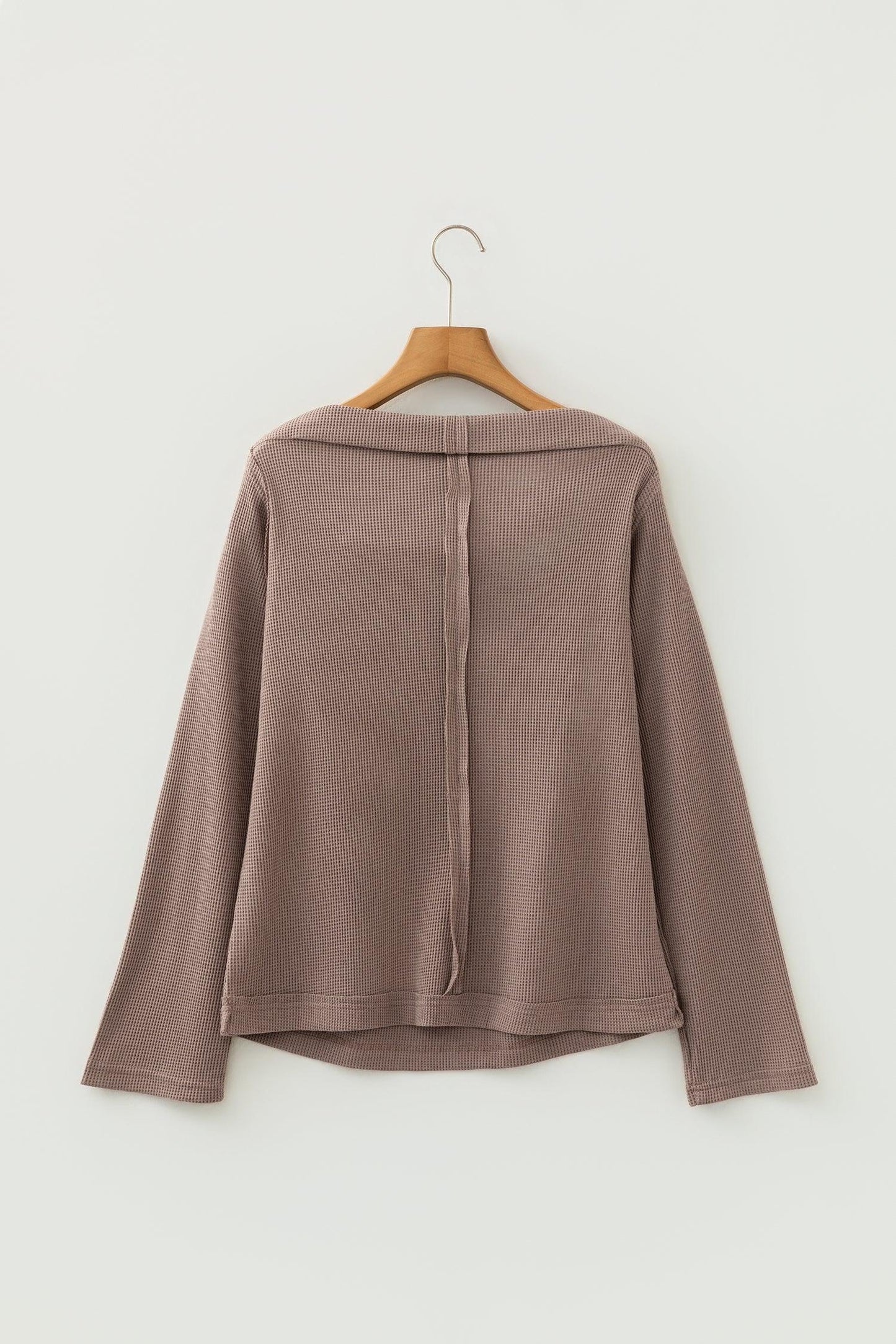 Old Rose Solid Color Waffle Knit Asymmetric Neck Long Sleeve Top - MarkoFit