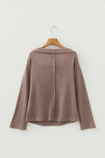 Old Rose Solid Color Waffle Knit Asymmetric Neck Long Sleeve Top - MarkoFit