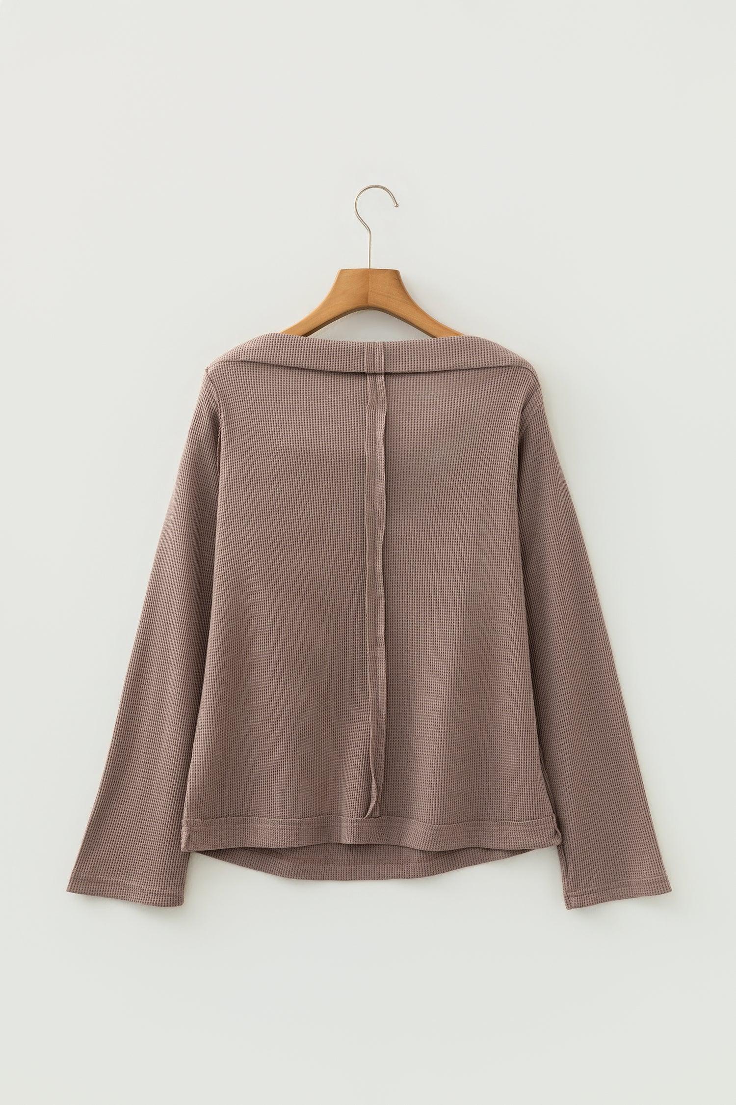 Old Rose Solid Color Waffle Knit Asymmetric Neck Long Sleeve Top - MarkoFit