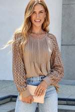Parchment Lace Patchwork Long Raglan Sleeve Pleated Top - MarkoFit
