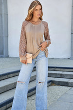 Parchment Lace Patchwork Long Raglan Sleeve Pleated Top - MarkoFit