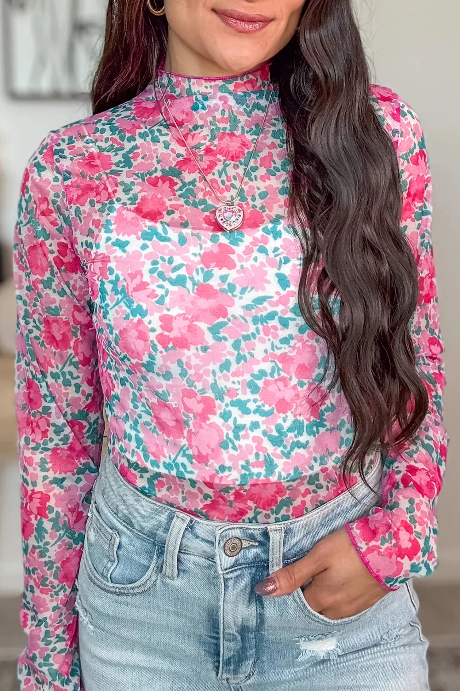 Pink Slim Fit Floral Mesh Long Sleeve Mock Neck Top - MarkoFit